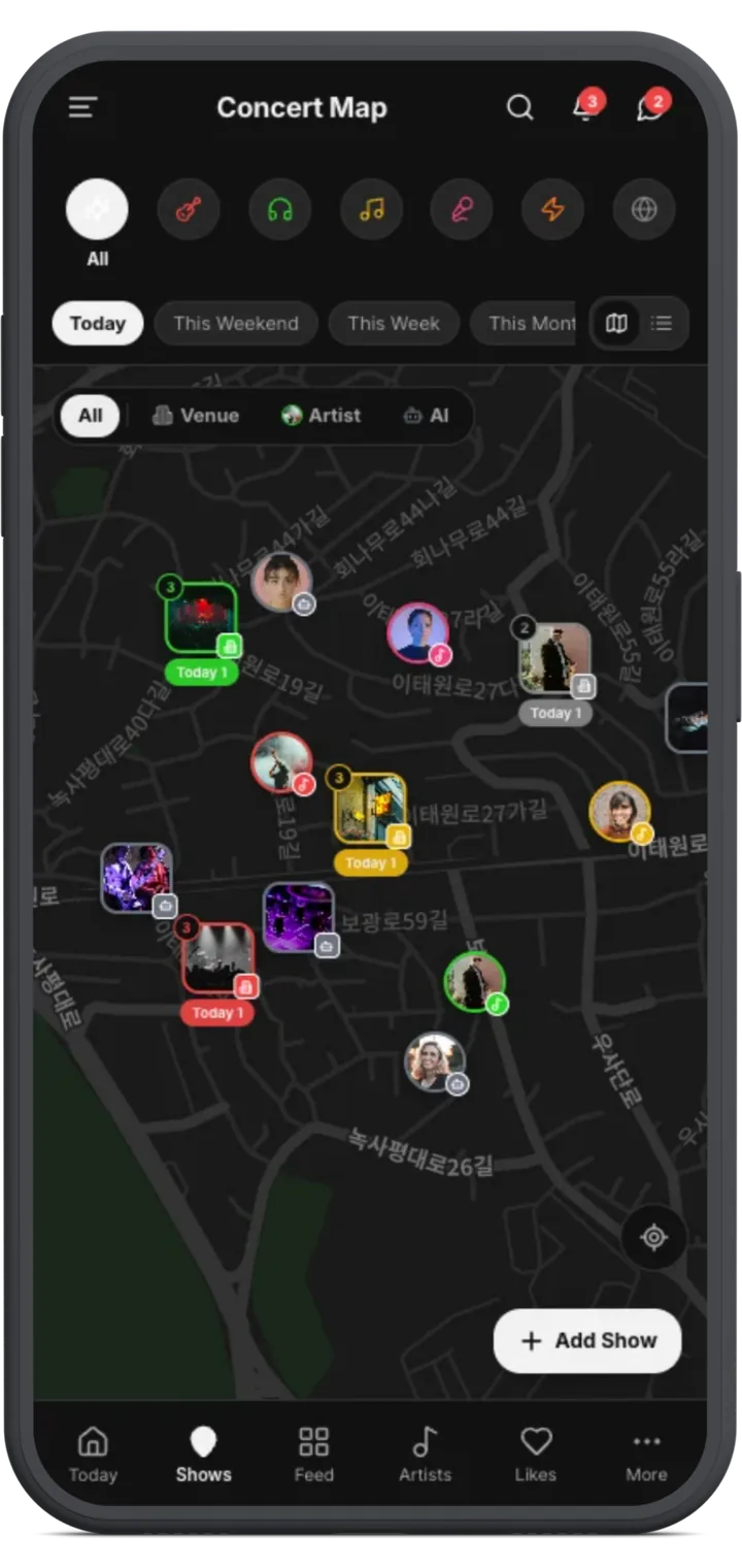 MiSFY app map screen with concert pins
